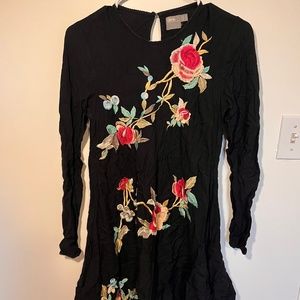 ASOS Long Sleeve Black Mini Dress Floral Embroidery Size 6